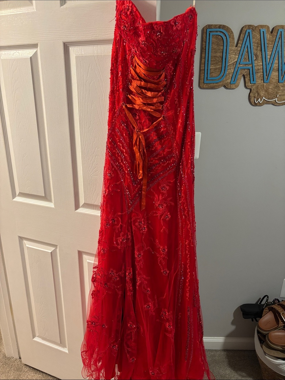 Tiffany Designs Red Beaded Lace-Up Evening Gown Circa 2007 - Size 8